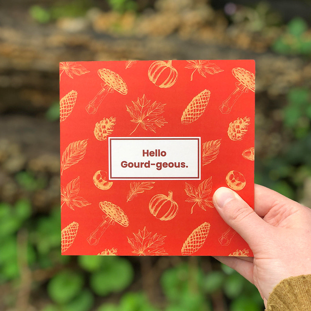 Say hello to our 'gourd-geous' greetings card, perfect for sending to your nearest and dearest this Autumn! Complete with kraft paper envelope and blank inside for your message - each of our cards arrives packed in a sealed compostable bag.