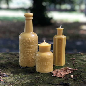 This quirky poison bottle - shaped beeswax candle is created from an actual vintage poison bottle! (which we ourselves are big collectors of...) Distinctive to the touch so that you wouldn't reach for the wrong bottle on those long, dark winter nights, this quirky candle would make the perfect unique bit of home decor and burns for approximately 20 hours!