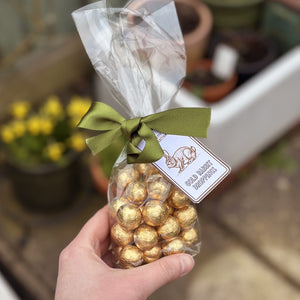 Add some sparkle this spring with these delicious milk chocolate balls wrapped in gold foil (150g) Perfect for a token gift, these creamy chocolate treats are the perfect gift from the Easter Bunny (we think!)