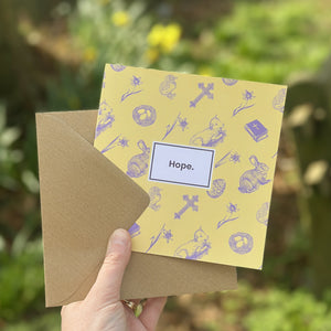 Our 'Hope' greetings card is the perfect reminder of all the hope to come - perfect for Easter, or any time of year you need to offer somebody a lift. Our card comes complete with kraft paper envelope and is blank inside for your message - each of our cards arrives packed in a sealed compostable bag.
