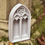 Load image into Gallery viewer, This gorgeously gothic arch candle makes the perfect centrepiece! The serene light grey colour conjures up medieval stone vibes, and it would make a charming addition to your home decor - it&#39;s too beautiful to burn! (Even if it does have two wicks!)
