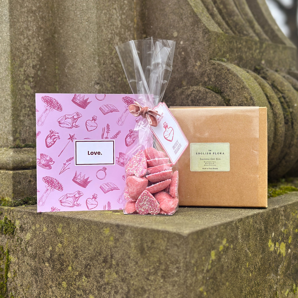 Give the gift of relaxation with our 'Love Potion' Gift Set! Containing the perfect concoction of a Soothing Bath Set, a bag of our strawberry flavour 'Sweet Hearts' and a curiously cute 'Love' greetings card, this ticks every box for your beloved, whether it's a gal-pal, partner or just a partner in crime!

We can even write the card for you - just let us know as Checkout where you'd like your parcel delivered to!